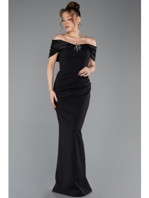 Abiyefon Saten Kayık Yaka Uzun Balık Abiye Elbise ABU5562