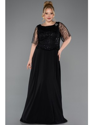 Abiyefon Kısa Kol Üstü Pullu Şifon Uzun Büyük Beden Abiye ABU5554