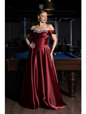 Abiyefon Taşlı Kayık Yaka Uzun Saten Abiye Elbise ABU5530