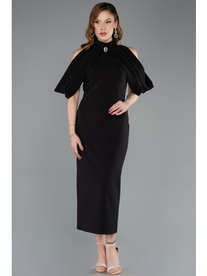 Abiyefon Dik Yaka Omuz Dekolteli Midi Davet Elbisesi ABK2517