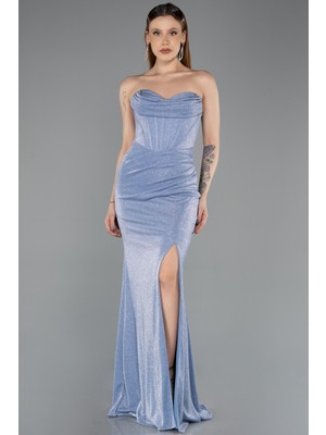 Abiyefon Straplez Bacak Dekolteli Uzun Simli Abiye Elbise ABU5620