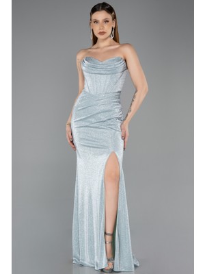 Abiyefon Straplez Bacak Dekolteli Uzun Simli Abiye Elbise ABU5620