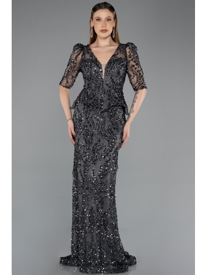 Abiyefon Kısa Kol V Yaka Peplum Uzun Pullu Abiye Elbise ABU5621