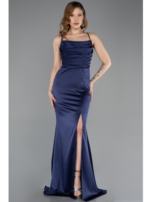 Abiyefon Askılı Bacak Dekolteli Uzun Saten Mezuniyet Elbisesi ABU5646