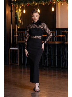 Abiyefon Dantelli Uzun Kol Dik Yaka Midi Davet Elbisesi ABK2513