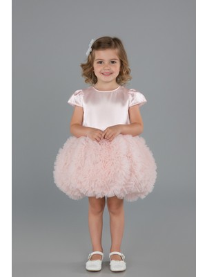 Abiyefon Saten Kısa Kol Tüllü Kabarık Etek Kız Çocuk Abiye ABK2502