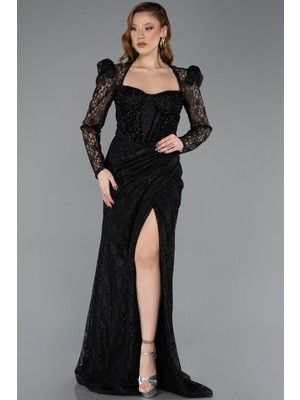 Abiyefon Uzun Kol Kare Yaka Yırtmaçlı Dantel Abiye ABU5604