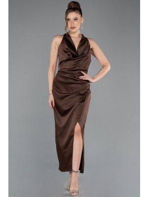 Abiyefon Boyundan Bağlamalı Midi Saten Davet Elbisesi ABK2506