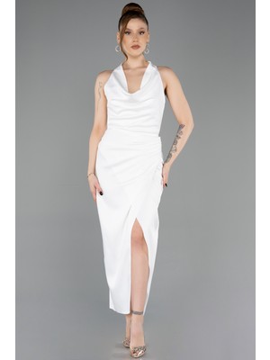 Abiyefon Boyundan Bağlamalı Midi Saten Davet Elbisesi ABK2506