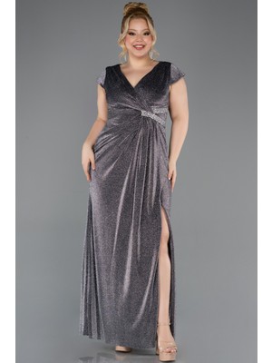 Abiyefon Kısa Kol Yırtmaçlı Uzun Simli Büyük Beden Abiye ABU5552