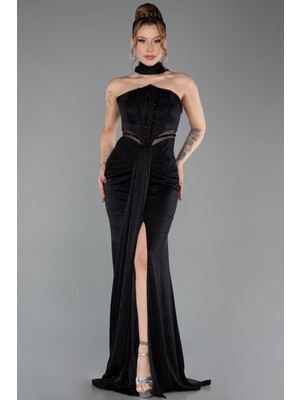 Abiyefon Straplez Şallı Yırtmaçlı Uzun Simli Abiye ABU5560