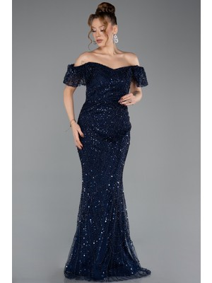 Abiyefon Kayık Yaka Boncuklu Uzun Abiye Elbise ABU5547