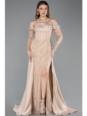 Abiyefon Kayık Yaka Dantelli Uzun Kol Saten Kuyruklu Abiye ABU5653