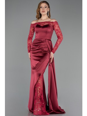 Abiyefon Dantelli Uzun Kol Kayık Yaka Saten Balık Abiye ABU5641