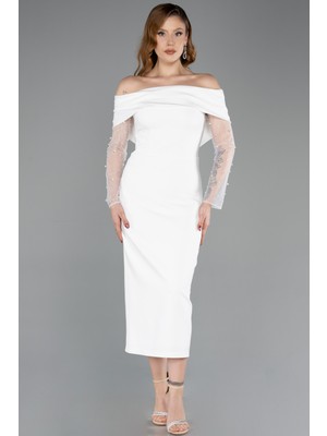 Abiyefon Kayık Yaka Uzun Tül Kol Midi Davet Elbisesi ABK2522