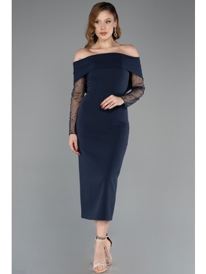 Abiyefon Kayık Yaka Uzun Tül Kol Midi Davet Elbisesi ABK2522