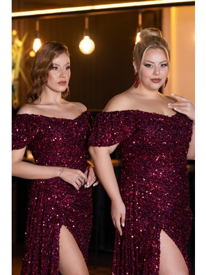 Abiyefon Kayık Yaka Yırtmaçlı Uzun Pullu Abiye Elbise ABU5594