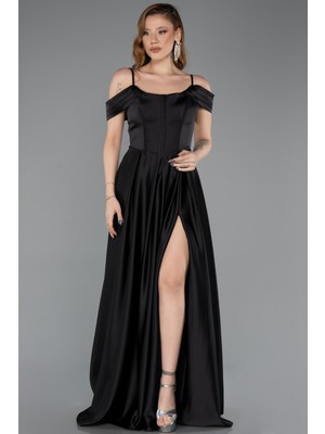 Abiyefon Askılı Bacak Dekolteli Uzun Saten Abiye Elbise ABU5605