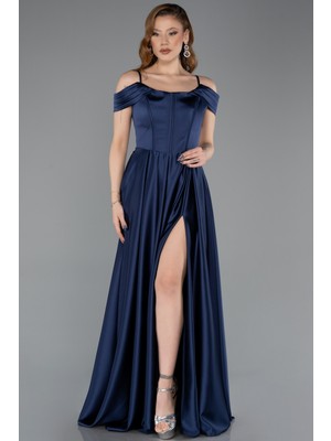 Abiyefon Askılı Bacak Dekolteli Uzun Saten Abiye Elbise ABU5605