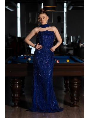 Abiyefon Straplez Şallı Uzun Boncuklu Abiye Elbise ABU5683