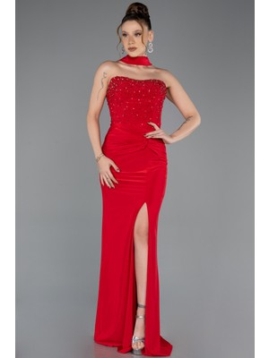 Abiyefon Taşlı Straplez Yaka Yırtmaçlı Uzun Abiye Elbise ABU5564