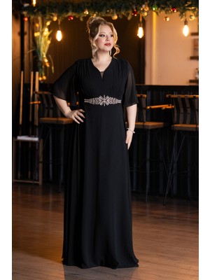 Abiyefon Kısa Kol V Yaka Beli Taşlı Uzun Şifon Büyük Beden Abiye ABU5613