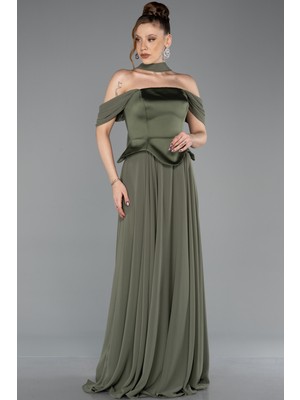 Abiyefon Saten Kayık Yaka Uzun Şifon Büyük Beden Abiye ABU5551