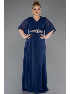 Abiyefon Kısa Kol V Yaka Beli Taşlı Uzun Şifon Büyük Beden Abiye ABU5613