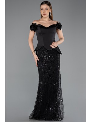 Abiyefon Kayık Yaka Çiçek Aplikeli Uzun Boncuklu Abiye ABU5616