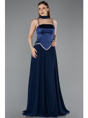 Abiyefon Taşlı Askılı Saten Peplum Şallı Uzun Şifon Abiye ABU5619