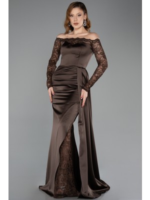 Abiyefon Dantelli Uzun Kol Kayık Yaka Saten Balık Abiye ABU5641