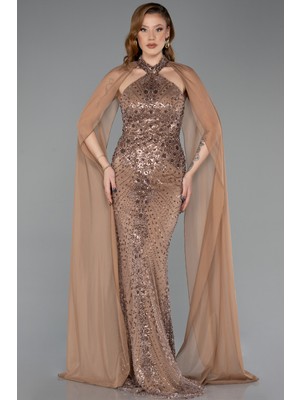 Abiyefon Halter Yaka Şallı Uzun Boncuklu Abiye Elbise ABU5595