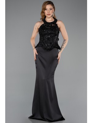Abiyefon Halter Yaka Taşlı Peplum Kesim Uzun Saten Abiye ABU5601