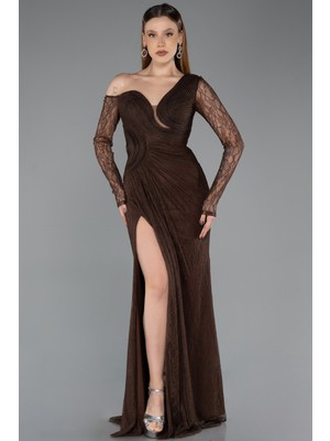 Abiyefon Drapeli Göğüs Detaylı Yırtmaçlı Uzun Dantel Abiye ABU5618