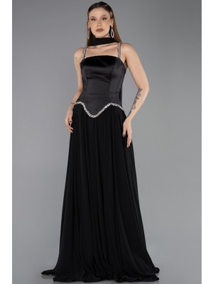 Abiyefon Taşlı Askılı Saten Peplum Şallı Uzun Şifon Abiye ABU5619