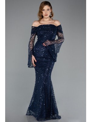 Abiyefon Uzun Kol Kayık Yaka Pullu Balık Abiye Elbise ABU5623