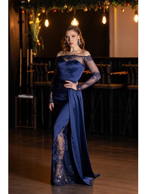 Abiyefon Dantelli Uzun Kol Kayık Yaka Saten Balık Abiye ABU5641