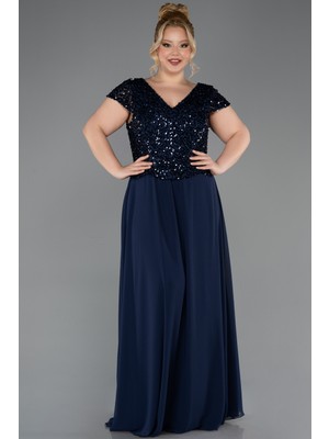 Abiyefon Pullu Kısa Kol V Yaka Uzun Şifon Büyük Beden Abiye ABU5651