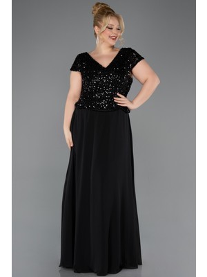 Abiyefon Pullu Kısa Kol V Yaka Uzun Şifon Büyük Beden Abiye ABU5651