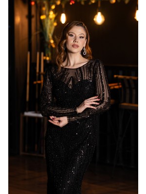 Abiyefon Uzun Kol Taşlı Uzun Özel Tasarım Abiye ABU5649