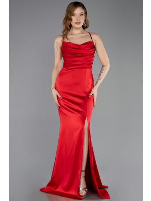 Abiyefon Askılı Bacak Dekolteli Uzun Saten Mezuniyet Elbisesi ABU5646