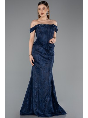 Abiyefon Kayık Yaka Peplum Kesim Uzun Dantel Abiye Elbise ABU5609