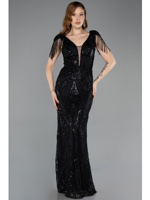 Abiyefon Saçaklı Kısa Kol V Yaka Uzun Boncuklu Abiye ABU5637