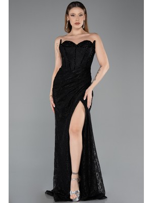 Abiyefon Straplez Bacak Dekolteli Dantelli Uzun Abiye ABU5642