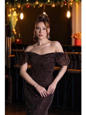 Abiyefon Kayık Yaka Boncuklu Uzun Abiye Elbise ABU5547