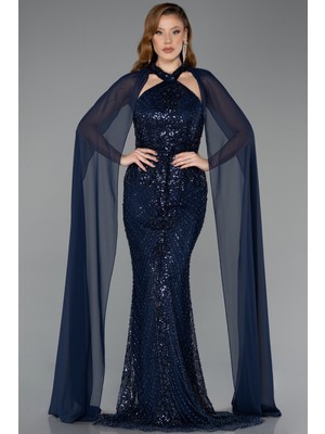 Abiyefon Halter Yaka Şallı Uzun Boncuklu Abiye Elbise ABU5595