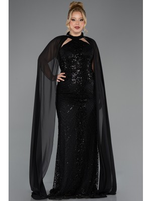 Abiyefon Halter Yaka Şallı Uzun Boncuklu Büyük Beden Abiye ABU5596