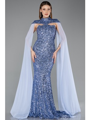 Abiyefon Straplez Pelerinli Uzun Pullu Abiye Elbise ABU5633