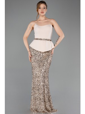 Abiyefon Asimetrik Straplez Yaka Peplum Uzun Pullu Abiye ABU5654