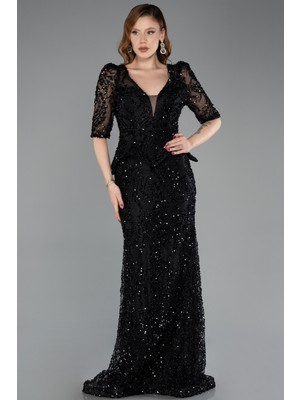 Abiyefon Kısa Kol V Yaka Peplum Uzun Pullu Abiye Elbise ABU5621